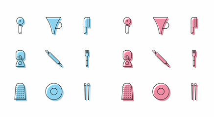 Set line Grater, Plate, Pizza knife, Food chopsticks, Rolling pin, Fork, Blender and Funnel filter icon. Vector