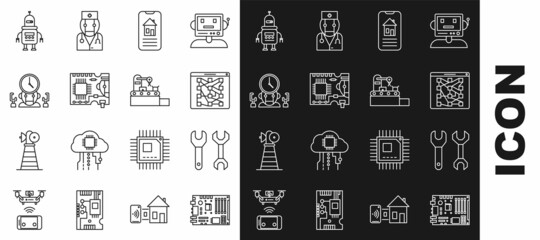 Set line Electronic computer components motherboard digital chip, Smart home, Printed circuit PCB, Robot and time manager, and Factory conveyor system belt icon. Vector