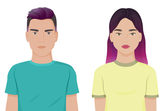 Guys with bright dyed hair wearing t-shits. Kpop style teenagers couple male and female. Hipster boy with purple undercut hairstyle and girl with pink dyed hair vector illustration isolated.