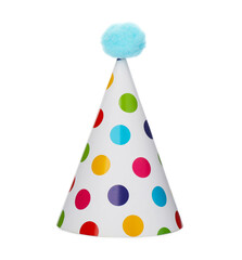 Bright party hat with fluffy pompon isolated on white. Festive accessory - obrazy, fototapety, plakaty