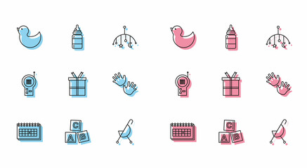 Set line Calendar, ABC blocks, Rubber duck, Baby stroller, Gift box, hands print, Monitor Walkie Talkie and bottle icon. Vector