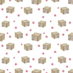 Pink baby girl watercolor seamless pattern with wooden toys. Baby pink paint brush stroke background.