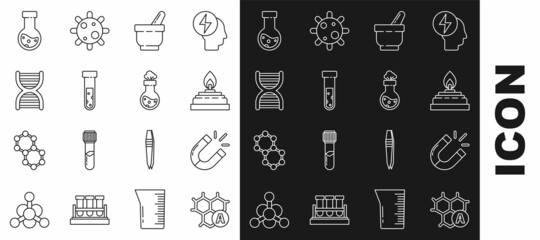 Set line Chemical formula, Magnet, Alcohol spirit burner, Mortar and pestle, Test tube flask chemical, DNA symbol, and icon. Vector