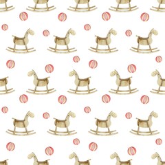 Pink baby girl watercolor seamless pattern with wooden horse and ball. Baby pink paint brush stroke background.