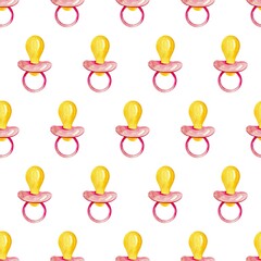 Pink baby girl watercolor seamless pattern with pacifier. Baby pink paint brush stroke background.