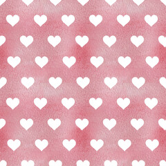 Pink baby girl watercolor seamless pattern with hearts. Baby pink paint brush stroke background.
