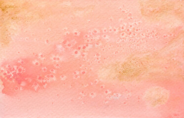 Watercolor hand painted Background. Soft pink textured abstract backdrop. Horizontal banner with golden spots