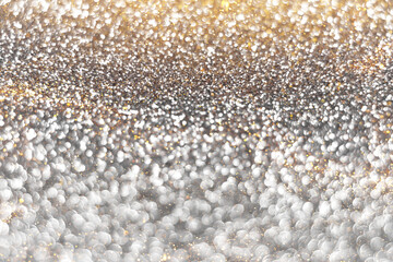 Silver and golden sparkling glitter bokeh background, christmas abstract defocused texture. Holiday lights