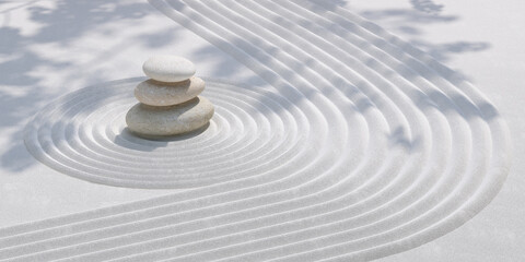 japanese style minimal abstract background. zen garden and stone balance with white sand background. for cosmetic and product presentation. 3d rendering illustration. - obrazy, fototapety, plakaty