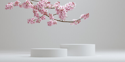 Cosmetic background. japanese style podium and cherry blossom white background for product presentation. 3d rendering illustration. © allme3d