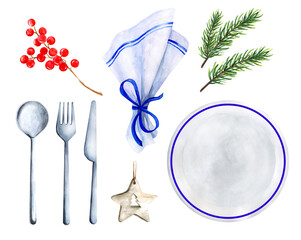 Set tableware table setting. Watercolor illustration.