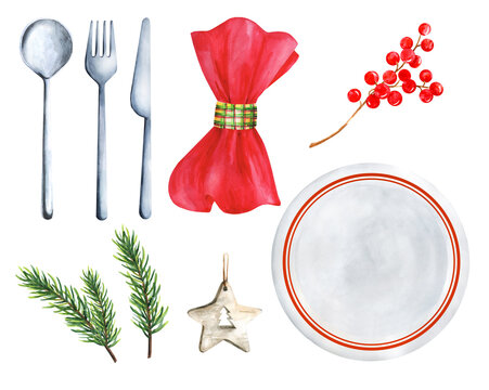 Set tableware table setting. Watercolor illustration.