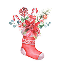 Watercolor christmas stocking with candy cane, poinsettia; spruce branches.