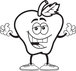 Fototapeta premium Black and white illustration of a happy smiling apple giving double thumbs up.