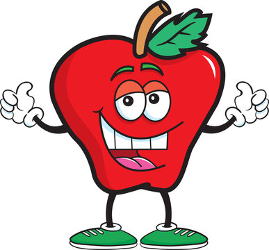 Cartoon illustration of a happy smiling apple giving double thumbs up.