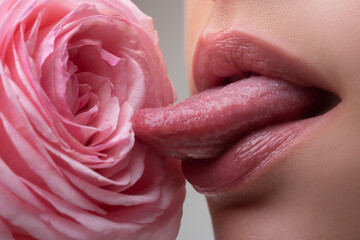 Lips with lipstick closeup. Cosmetology, drugstore or fashion makeup concept. Beauty studio shot. Passionate kiss. Beautiful woman lips with rose.