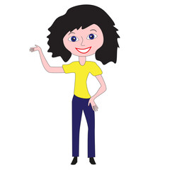 A smiling girl in blue jeans and a yellow T-shirt.