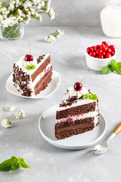Black forest cake, Schwarzwald pie, dark chocolate and cherry dessert on a plate. Cherry cake with chocolate.