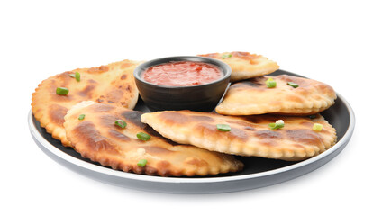 Delicious fried chebureki with ketchup isolated on white