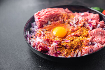 raw minced meat pork, beef or veal, lamb meal snack on the table copy space food background rustic. top view keto or paleo diet