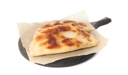 Board with delicious fried chebureki isolated on white © New Africa