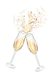 Watercolor champagne glasses splashing isolated on white background