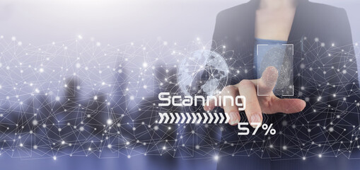Global world telecommunication network. Hand touch digital screen hologram scanner and world sign on city light blurred background. Futuristic technological scanning. Cyber security data protection
