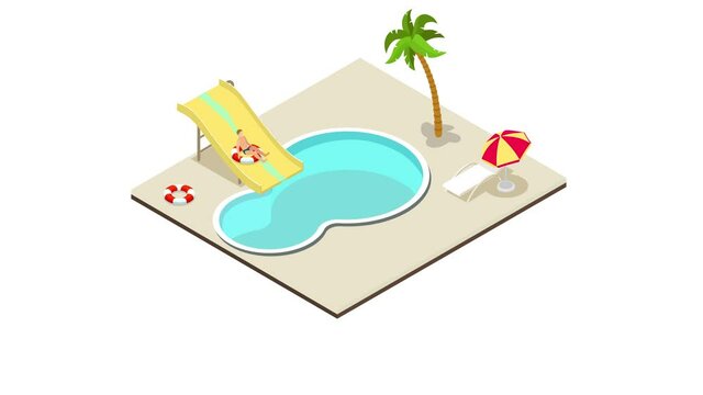 Young man sliding down in the water slide