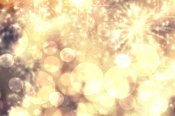 Christmas card template. Abstract festive light golden yellow white winter christmas or New Year background texture with blurred bokeh lights and stars. Beautiful backdrop.