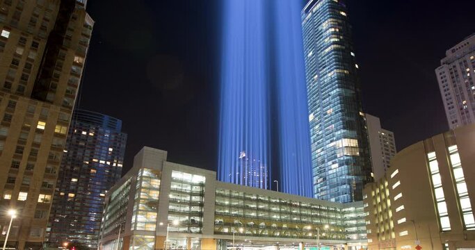 Time-Lapse Of September 11th Memorial Lights Over Highway In Downtown Manhattan