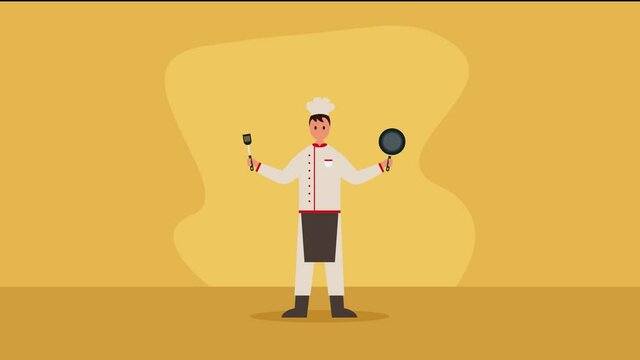 Male chef preparing seafood menu with frying pan