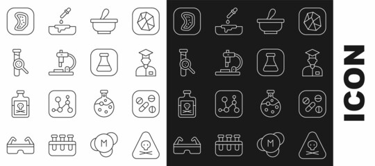 Set line Triangle warning toxic, Medicine pill or tablet, Laboratory assistant, Mortar and pestle, Microscope, Test tube flask, Bacteria and icon. Vector