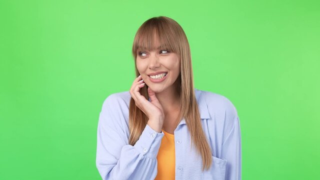 Cunning tricky lady make mistake bite finger look empty space