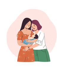 Lesbian family concept. Vector cartoon illustration of two women holding a newborn baby in trendy flat style. Isolated on background