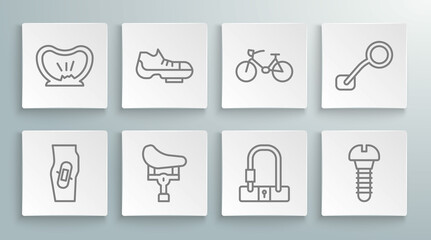 Set line Plaster on leg, Bicycle shoes, seat, lock, Metallic screw, rear view mirror and punctured tire icon. Vector