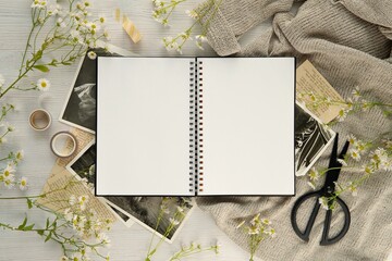 Scrapbook, planner, spiral journal, notebook mockup for design or text presentation, vintage flat...