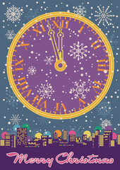 Merry Christmas 2022 Greeting Card, Mid Century Modern Seasonal Illustrations Style, Clock Face, Snowflakes, Night Cityscape 