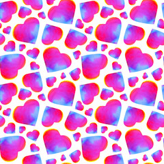 Rainbow watercolor hearts on a white background, romantic seamless pattern. 