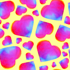 Rainbow watercolor hearts on yellow background, Valentine's day seamless pattern. 
