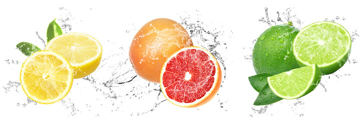Fresh Fruits with water splash with drops on isolated white background. Lemon, Lime and Grapefruit. Explosion of fresh and juicy citrus fruits. - obrazy, fototapety, plakaty