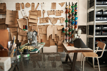 Sewing machines and material in a leather working studio