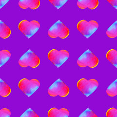 Watercolor neon rainbow hearts on purple background, love symbol seamless pattern. 