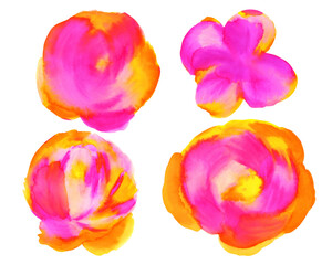 Watercolor neon flowers set isolated on white. Pink colorful buds, floral hand drawn illustration. 