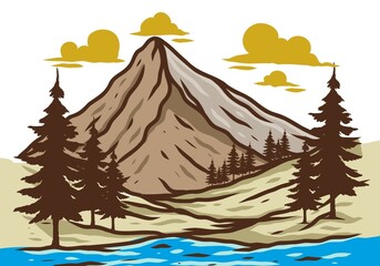 Mountain and pine trees line art illustration