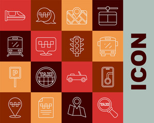 Set line Magnifying glass and taxi car, City map navigation, Bus, Gps device with, Location, Train, High-speed train and Traffic light icon. Vector