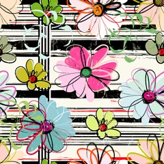 Gordijnen floral seamless pattern background, with stripes, paint strokes and splashes © Kirsten Hinte