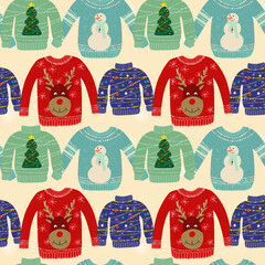 Seamless pattern with ugly sweaters illustration on a light background with snowflakes