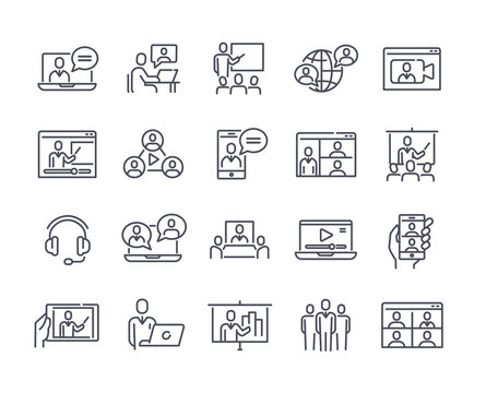 Webinar or online seminar set of icons. Thin stickers with video conference, presentation and remote work. Design elements for apps. Cartoon flat vector collection isolated on white background