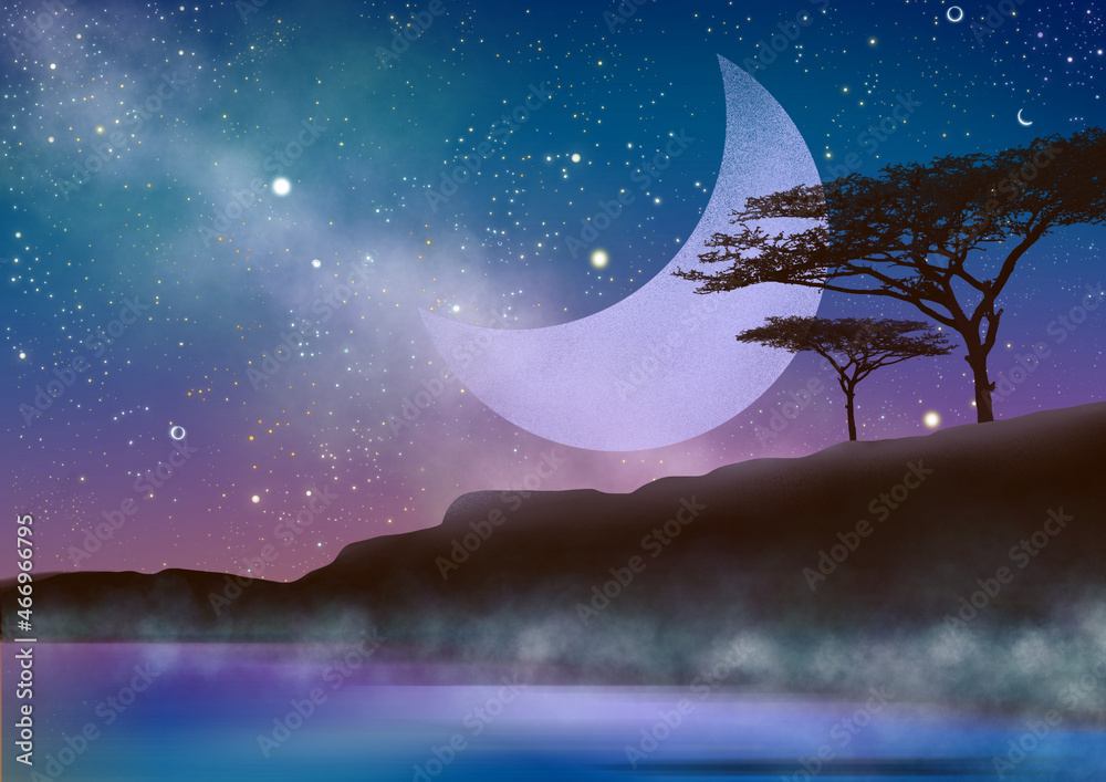 Sticker Illustration of the lake and a tree under the purple and blue night sky with stars and the moon