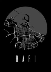 Bari map vector black poster. Round circular view, street map of Bari city A4 illustration.